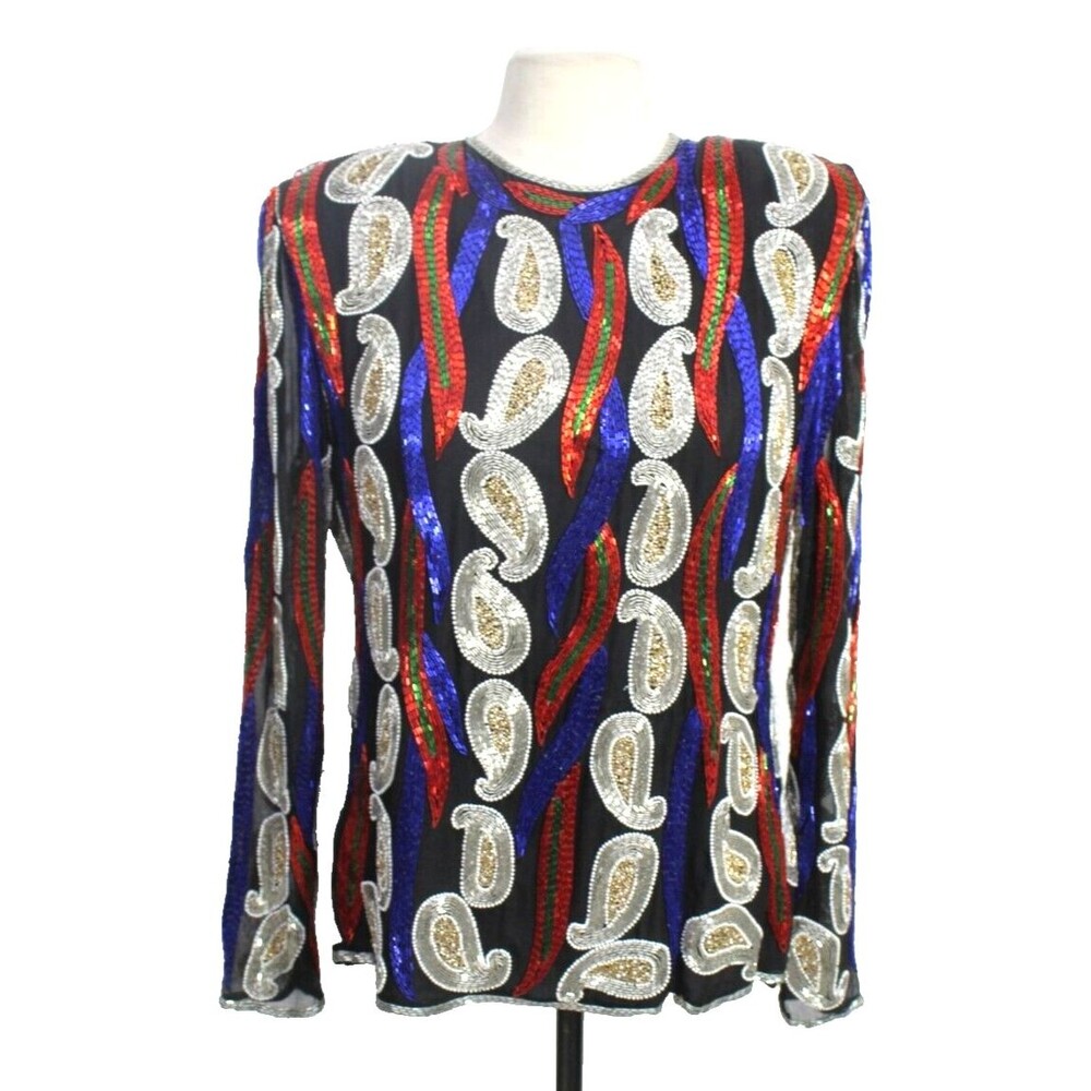 Swee Lo Blouse XL Vintage 80s Multicolored Sequin Paisley Blue Party Formal